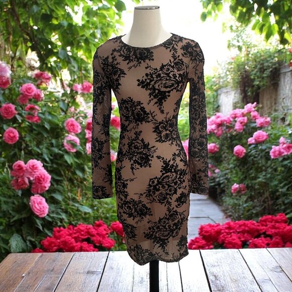 Iris Los Angeles Sheer Mesh Floral Flocked Bodycon Dress Long Sleeve M - Picture 1 of 11